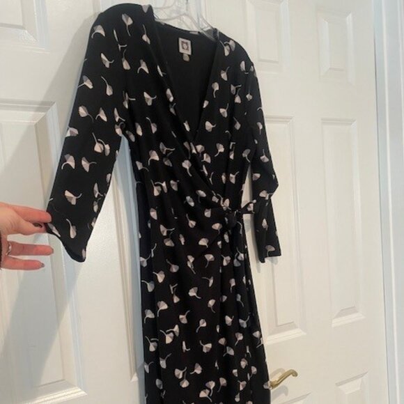 Anne Klein Faux Wrap ¾ Sleeve Black, Gray & Taupe Print Dress – MEDIUM - Picture 2 of 15